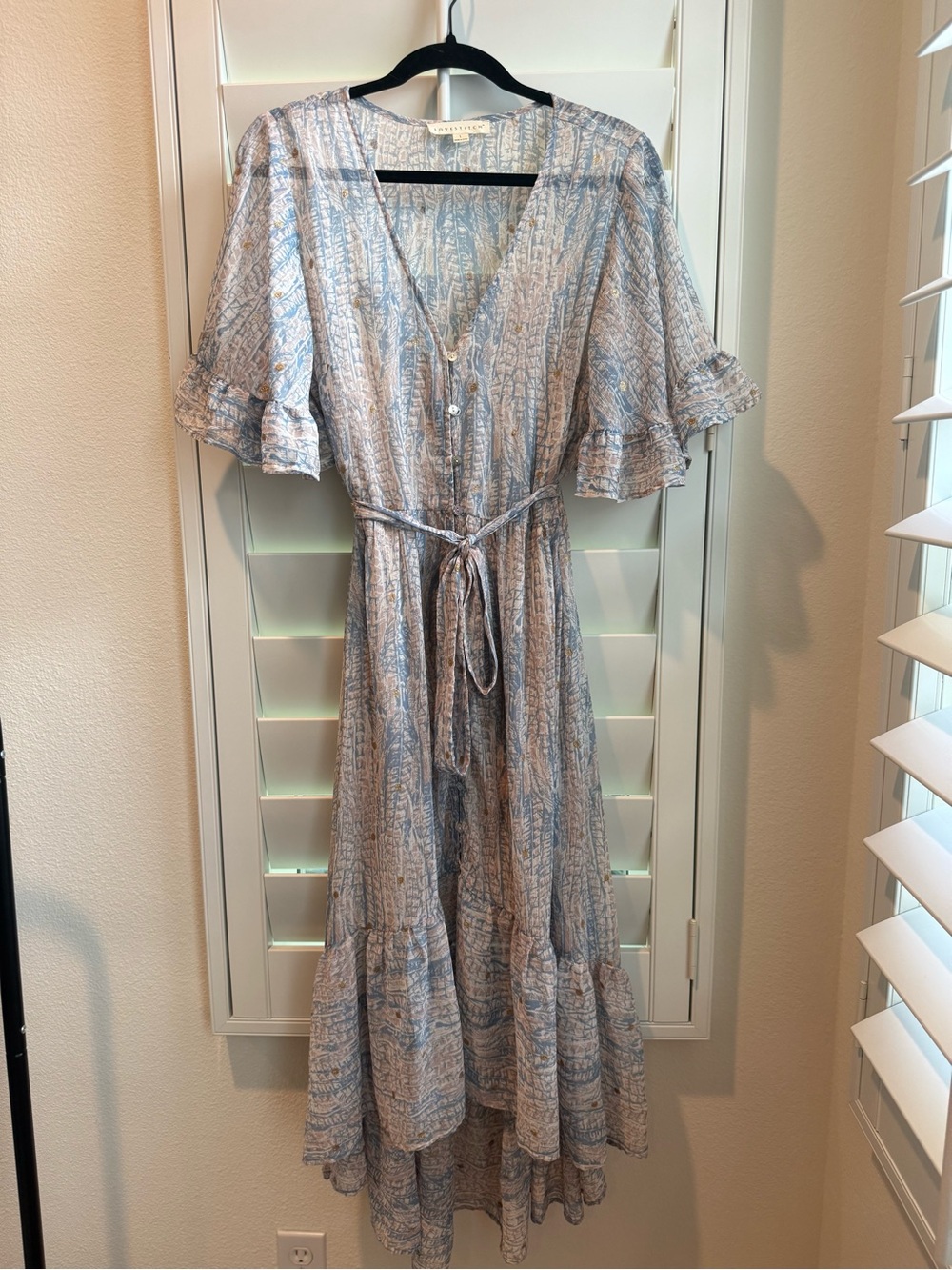 lovestitch Blue and Cream Paisley Tiered Maxi Dress with Tie Waist